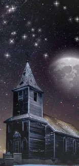 Gothic church under a starry moonlit sky.