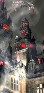 Gothic tower with red lights and dragon in the night sky.