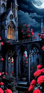 Gothic castle surrounded by red roses under a full moon.