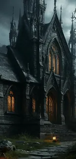 A gothic cathedral at night with glowing windows.