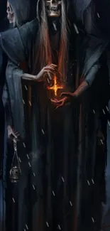 Gothic ghostly figure holding fire in dark cloak.