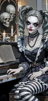 Gothic doll playing piano with skull decor.