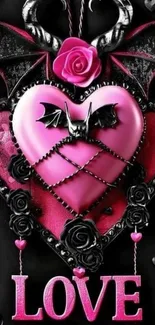 Gothic pink heart with bat wings and roses wallpaper