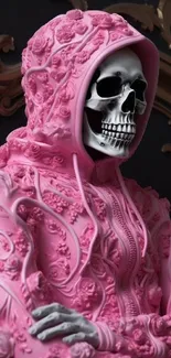 Pink floral hoodie skeleton mobile wallpaper with gothic design.