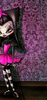 Gothic themed pink wallpaper with quirky character.