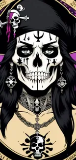 Gothic pirate skull illustration with vibrant purple background.