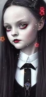 Gothic portrait of pale figure with red eyes on mobile wallpaper.