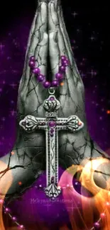 Gothic prayer design with cross and purple beads on cracked hands.