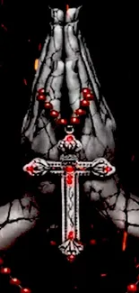 Gothic praying hands with rosary and cross in digital art style.