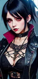 Gothic punk character with black hair and red eyes.