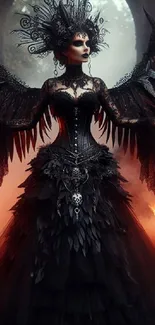 Gothic queen in dark fantasy art with intricate black attire and mystical wings.