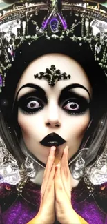 Gothic queen illustration with dramatic dark makeup and intricate crown.