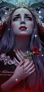 Gothic queen with crown in dark red setting, holding a rose.