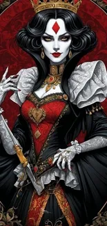 Gothic queen with red and black attire, holding a dagger.