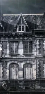 Gothic mansion under a dark, rainy sky, offering an eerie and dramatic look.