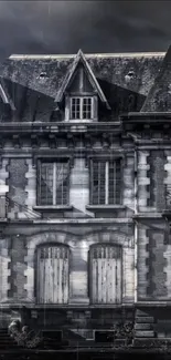 Grayscale Gothic mansion in the rain, dark and moody theme.