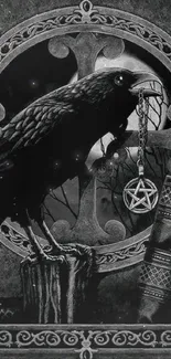 Gothic raven with pentagram and books under a moonlit sky.