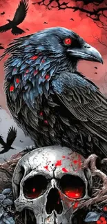 Gothic art featuring a raven on a skull with red accents.