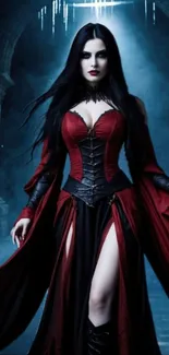 Gothic woman in red dress, dark mysterious setting.