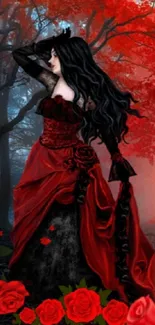 Gothic woman in red dress against a red forest backdrop wallpaper.