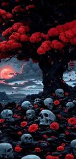 Gothic wallpaper with red moon and skulls under a tree.