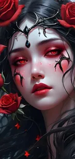 Gothic fantasy art with red roses and mystical portrait design.