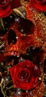 Gothic skull with red roses and sparkling stars wallpaper.