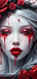 Gothic woman with red roses and silver hair in dramatic artwork.