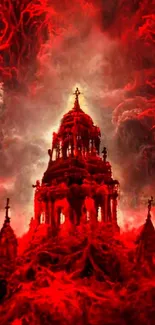 Gothic temple with red clouds forming dramatic art.