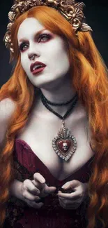 Gothic redhead with ornate jewelry in a dark, mystical phone wallpaper.