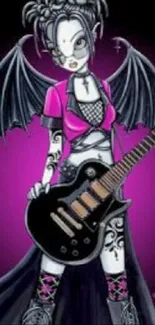 Gothic rock angel with guitar in pink and black tones for mobile wallpaper.