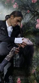 Gothic couple in a romantic, dark setting with roses.