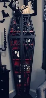 Gothic room with black coffin shelf, dark curtains, and elegant decor.