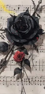 Gothic black and red rose with music notes backdrop.