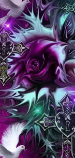 Gothic rose wallpaper with doves and crosses in purple hues.