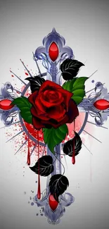 Gothic rose design with red accents and intricate patterns.