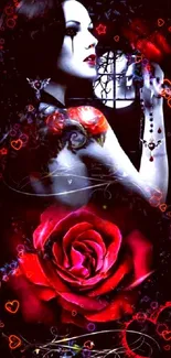 Gothic-themed wallpaper with woman and red roses.