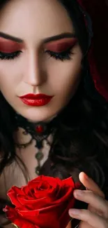 Dark gothic woman with red rose mobile wallpaper.