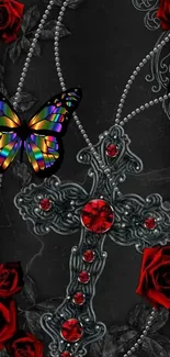 Gothic wallpaper with red roses, jeweled cross, and rainbow butterfly.