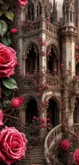 Gothic castle with red roses wallpaper.