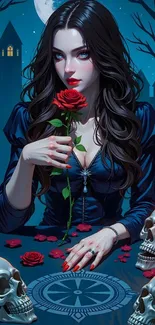 Gothic woman with rose in a dark, mysterious setting.