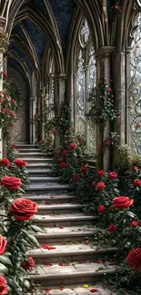 Gothic cathedral garden with roses lining a stone pathway.