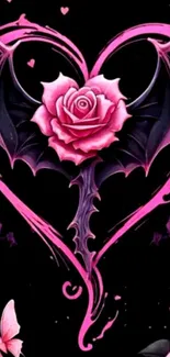 Gothic rose heart wallpaper with pink and black design.