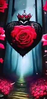 Gothic heart with a red rose and crown in mystical forest path.