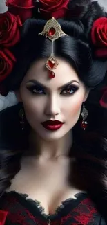 Gothic themed wallpaper featuring a woman with red roses.