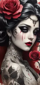 Gothic woman with roses and tattoos.