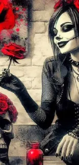 Gothic woman with skull and red roses in dark art wallpaper.