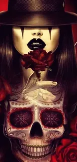 Mysterious woman with roses and skull in gothic art style.