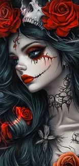 Gothic woman with roses and tattoos.