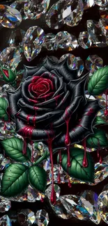 Gothic black rose with red drips on diamond background.
